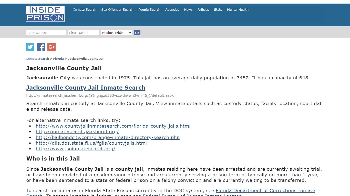 Jacksonville County Jail - Florida - Inmate Search